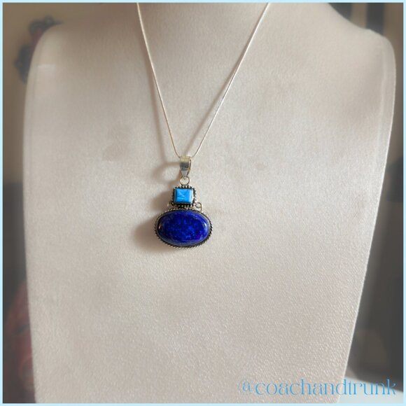 NATURAL TURQUOISE LAPIS LAZULI HANDCRAFTED 925 SILVER PENDANT 18" STERLING CHAIN - Picture 1 of 10